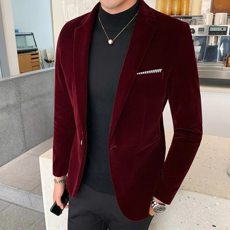 Midnight blue velvet slim-fit tailored blazer with luxurious smooth texture for formal events
