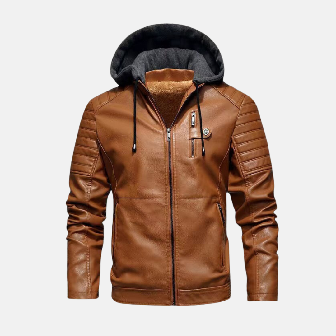 Men's slim-fit black PU leather hooded jacket with plush-lined interior and zip closure