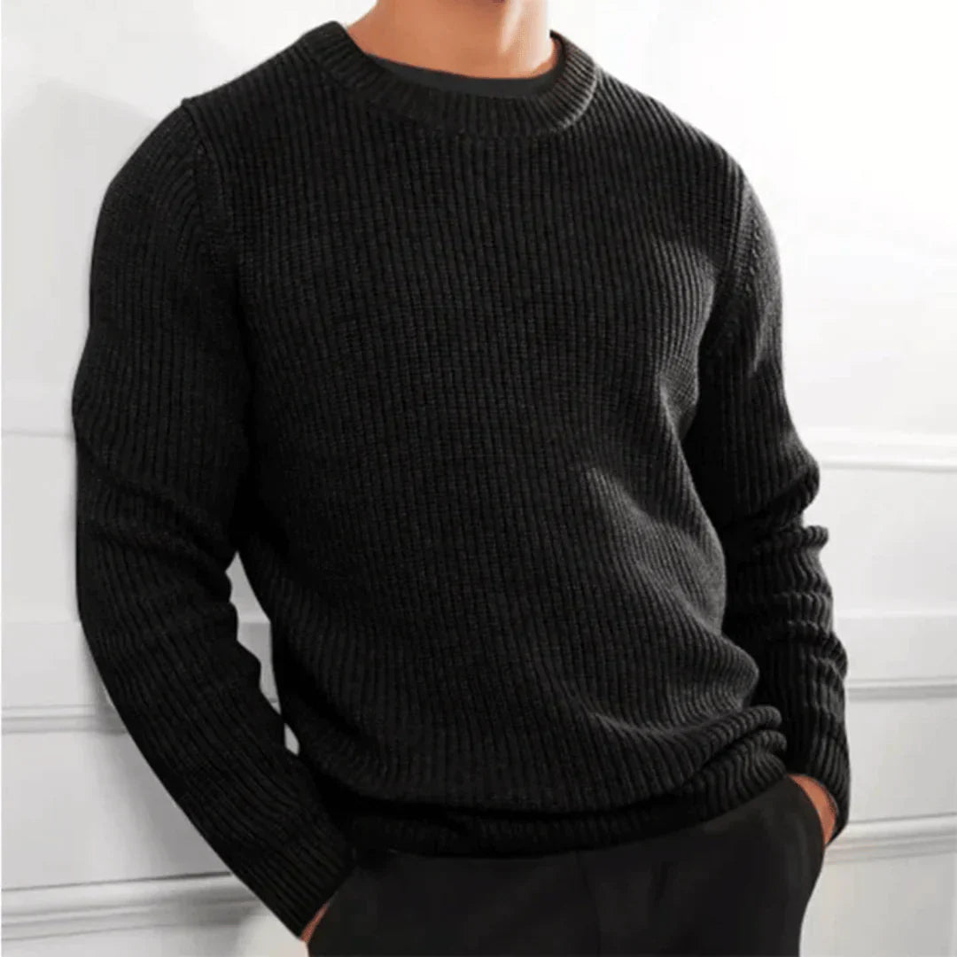 Men's classic knit crew neck winter sweater with ribbed cuffs, timeless warm everyday style