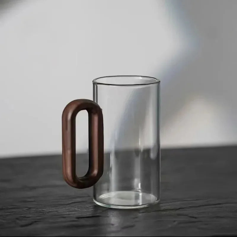 Walnut handle borosilicate glass espresso mug 12oz minimalist design thermal shock resistant coffee cup