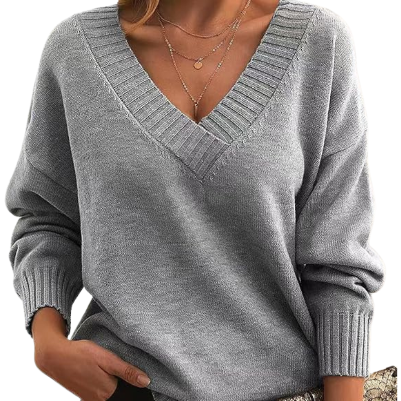 Women's beige relaxed-fit V-neck wool blend sweater with cozy turtleneck detail for layering