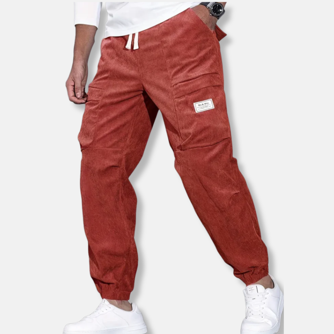 Men's brown corduroy pants loose fit tapered leg with elastic cuffs and adjustable waist