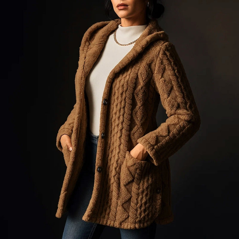 Via Nova women's plush coat with hood, jacquard soft texture relaxed fit in neutral tone
