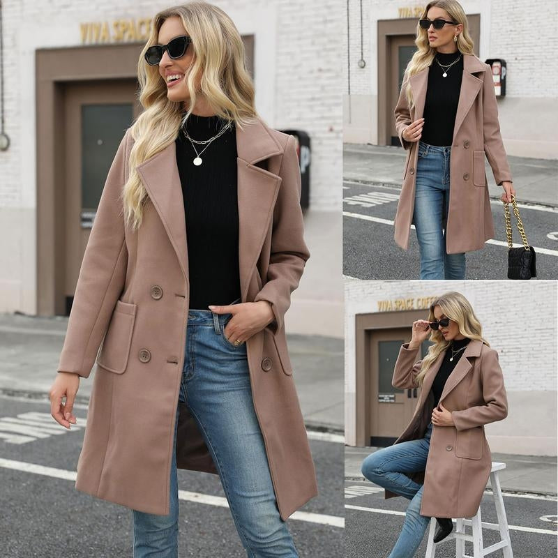 Maribel women's camel wool-blend double-breasted mid-length coat with clean tailored silhouette