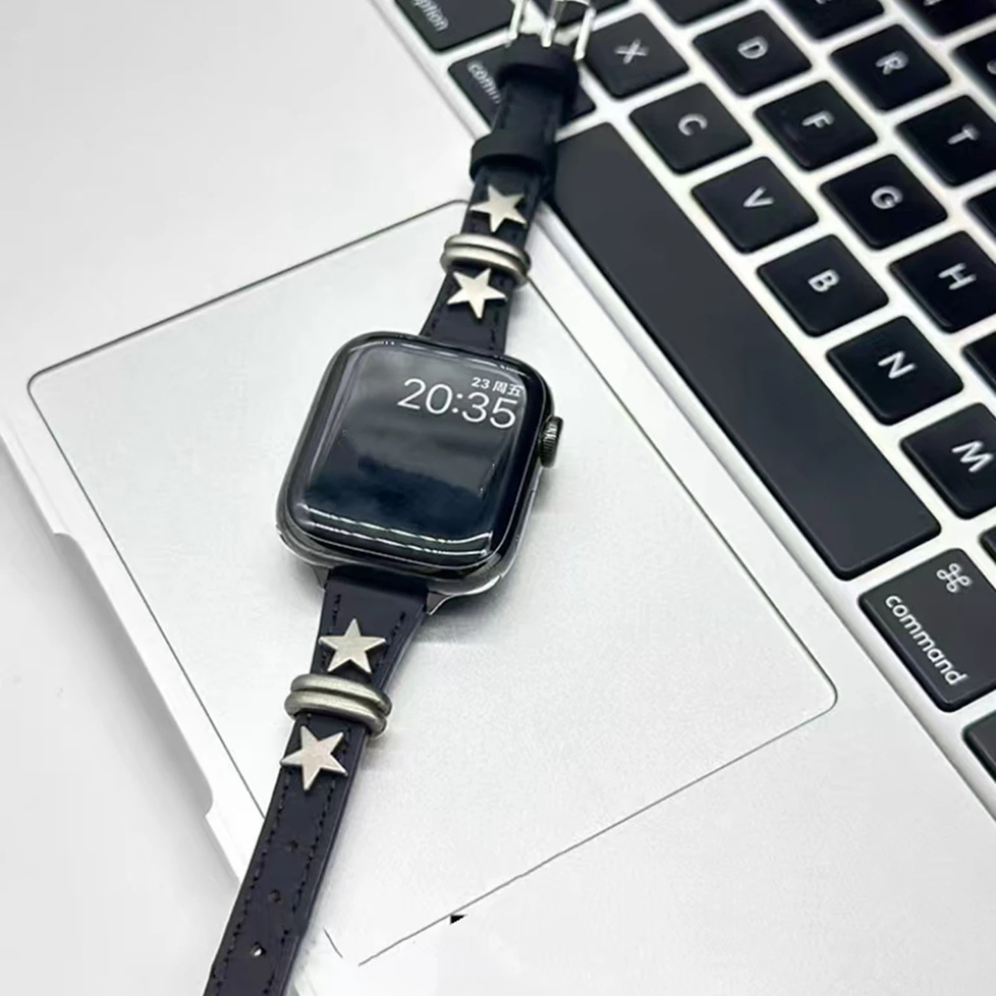 Astra Apple Watch band faux leather with brushed metal star studs and vintage ring accents rugged style