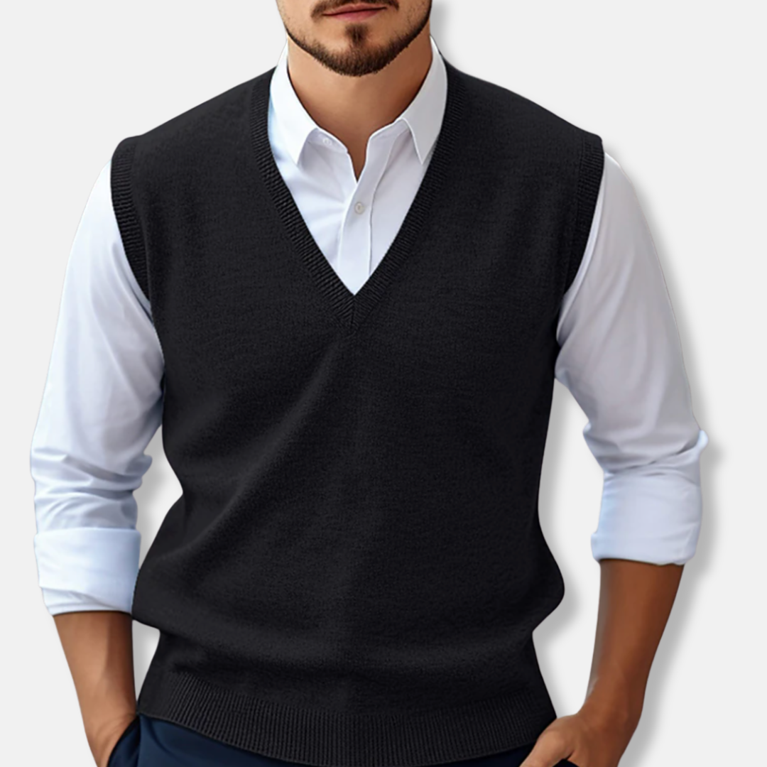 Men's slim fit ribbed V-neck sweater vest, 100% breathable cotton knit sleeveless layering piece