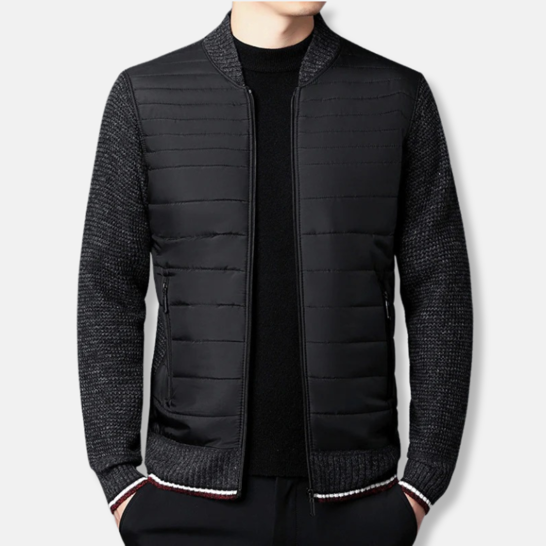 Men's black padded bomber jacket ribbed stand collar lightweight quilted smart casual fit