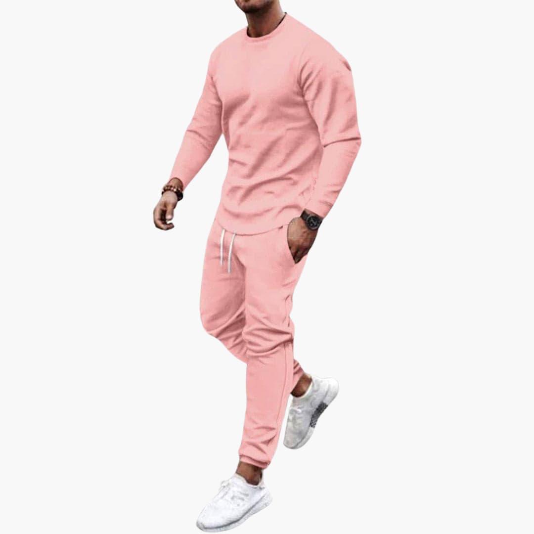 Men's two-piece gray long-sleeve top and pants set with round neckline and side pockets