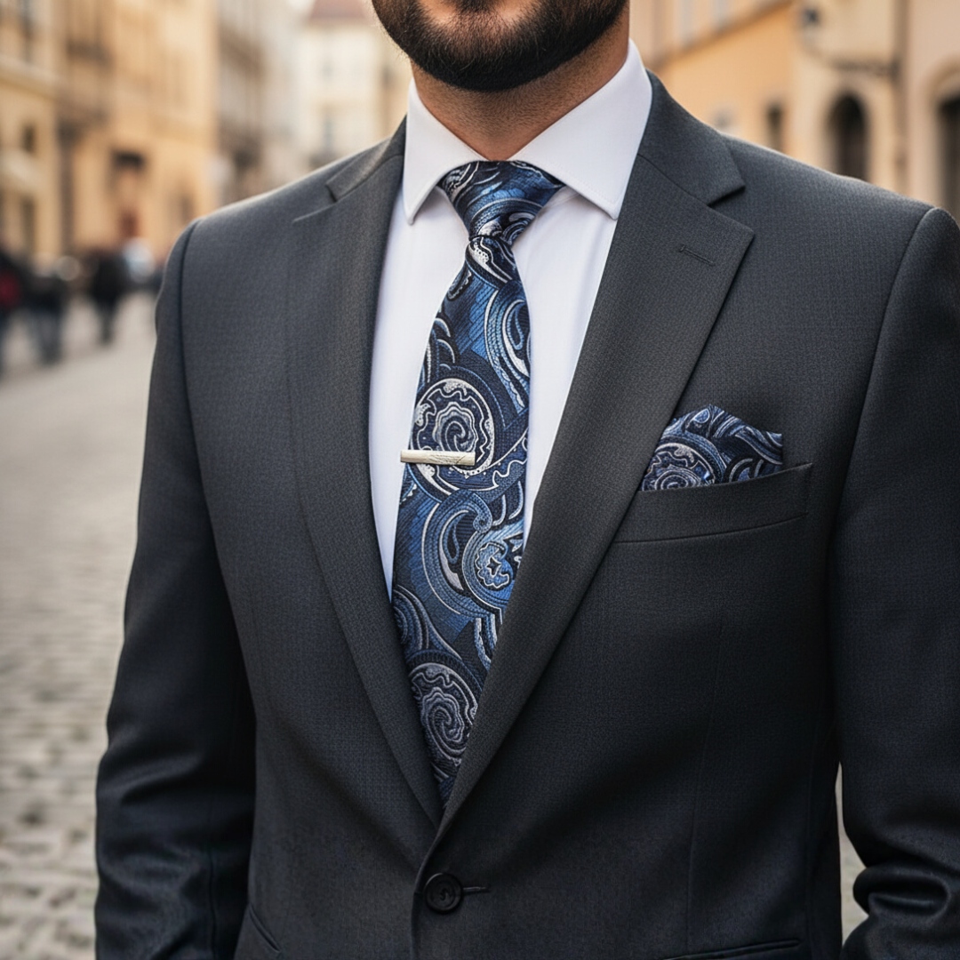 Men's silk paisley tie set with pocket square, cufflinks & tie clip — 5-piece wedding gift box