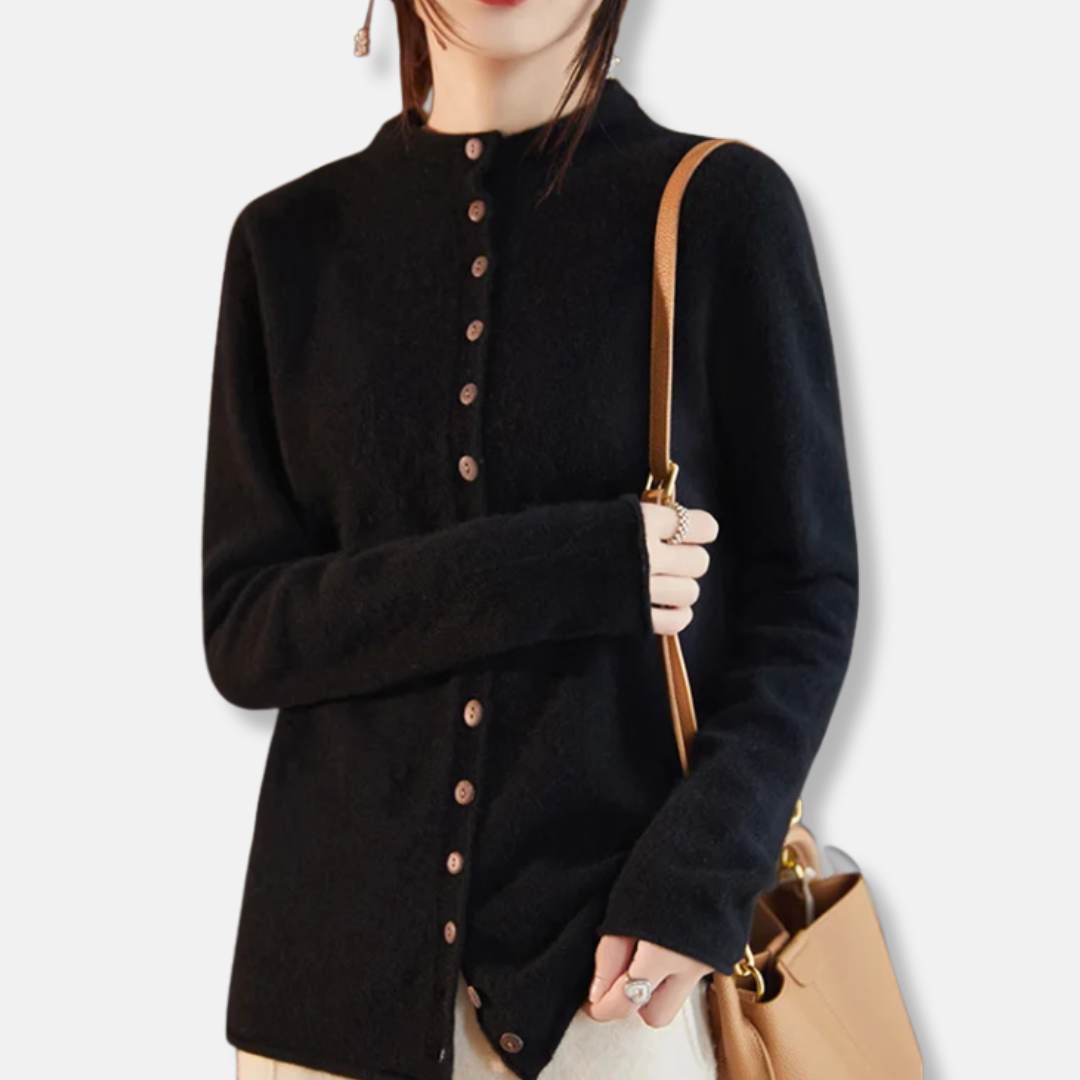 Women's wool knit cardigan sweater, button front spread collar, relaxed tailored fit for versatile layering