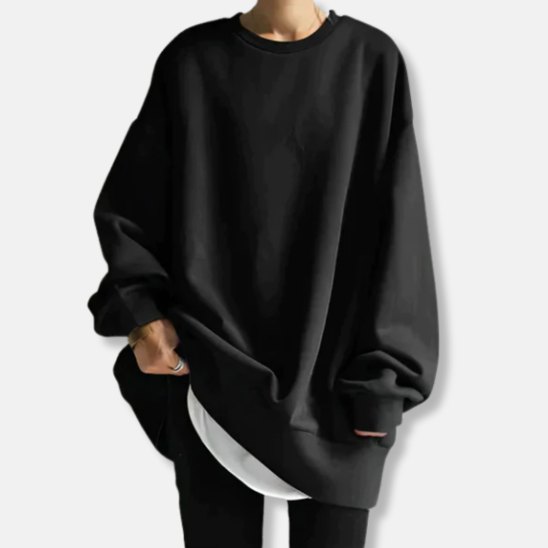 Women's soft knit oversized tunic-length sweatshirt in neutral cotton blend for casual layering