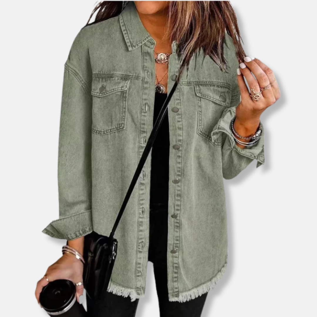Women's oversized denim shacket with raw-edge frayed hem and button front for casual fall layering