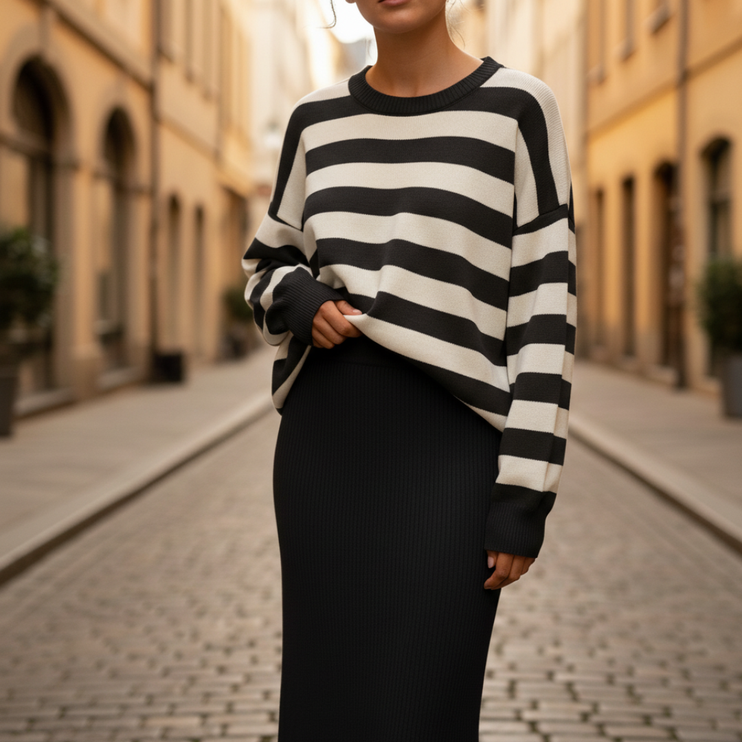Women's oversized striped crew neck sweater and fitted midi skirt set, cozy two-piece autumn winter outfit