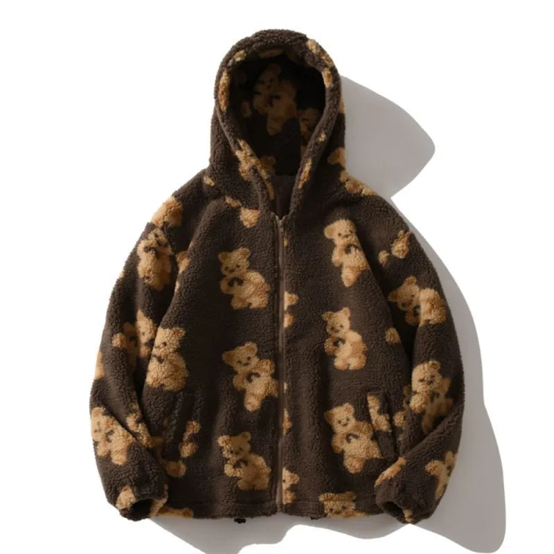 Oversized beige sherpa zip hoodie with allover teddy bear print, ultra-soft plush fleece for cold days