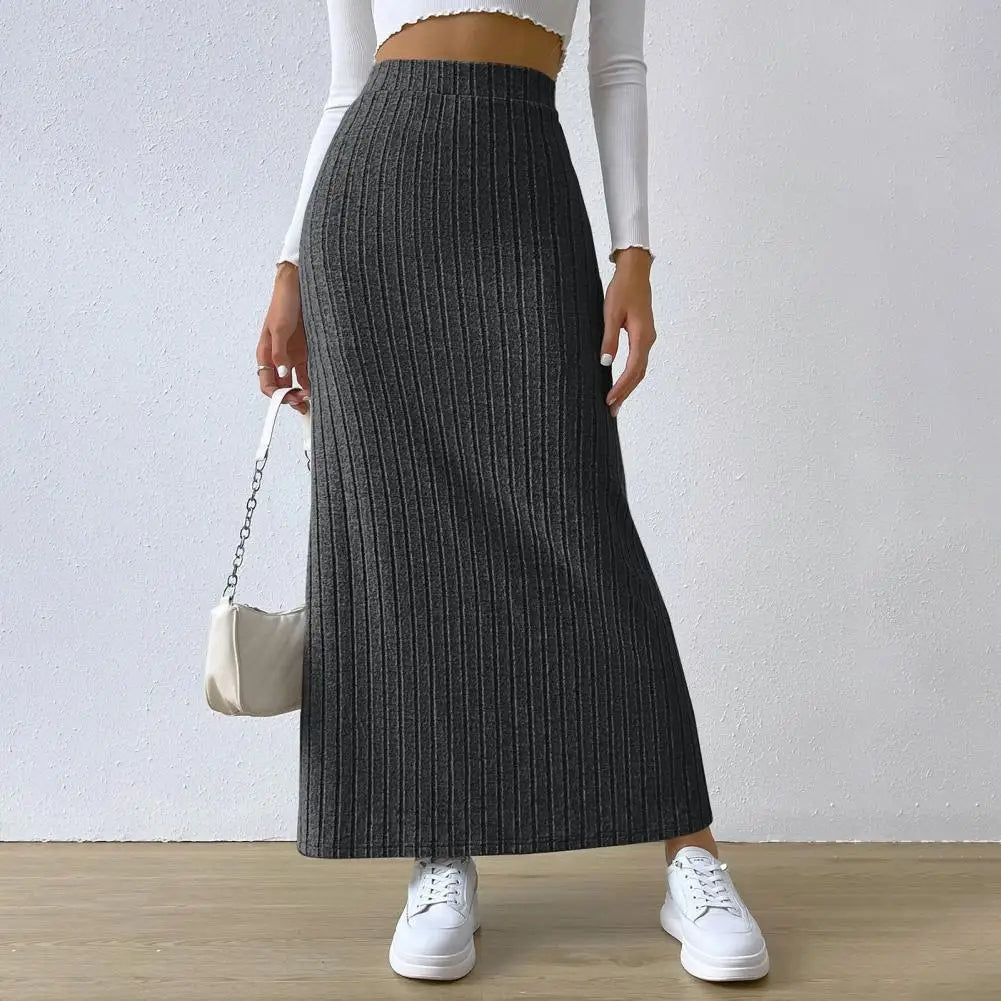 Women's ribbed knit maxi skirt in neutral tone, cotton blend with flattering split hem silhouette