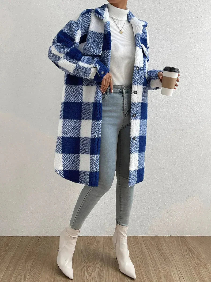 Oversized women's checked teddy coat mid-length soft plush texture cozy fall winter outerwear