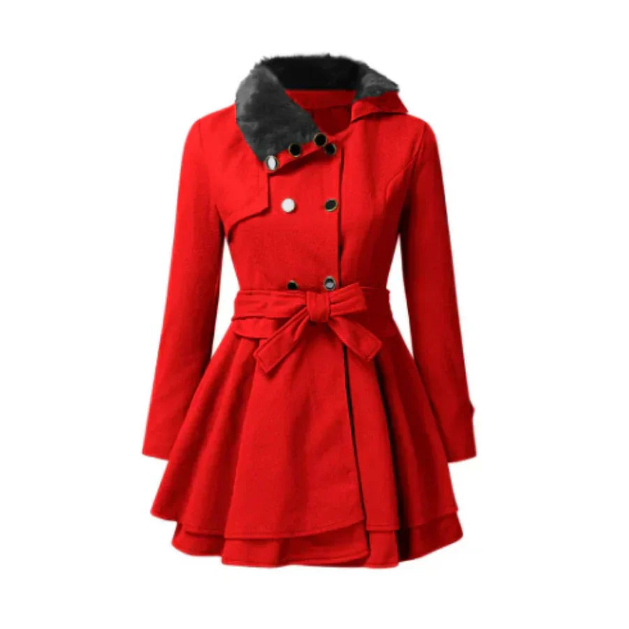 Women's A-line belted coat with faux fur collar and double-button closure for polished winter style