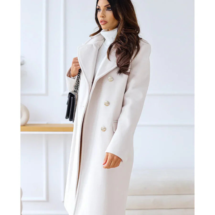 Women's long tailored coat double-breasted buttons wide lapels chic timeless style outerwear