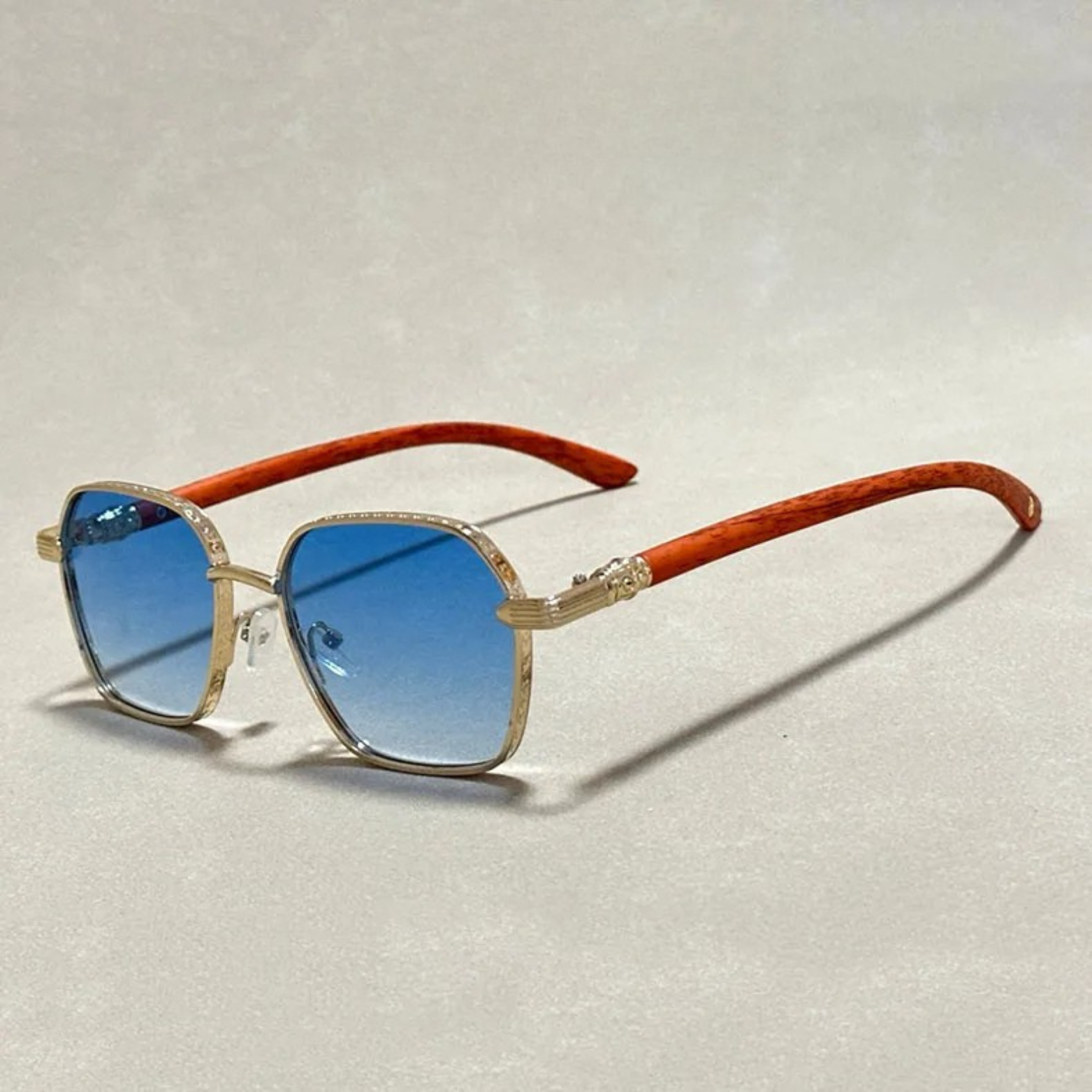 Ember square unisex retro sunglasses with wood-textured temples, gold accents, and UV400 gradient lenses