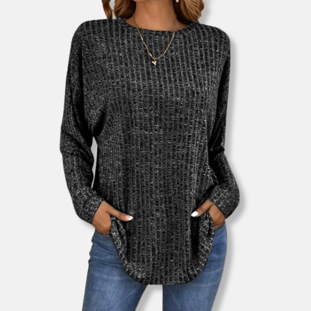 Women's relaxed fit ribbed knit pullover top long sleeve curved hem cozy fall winter sweater