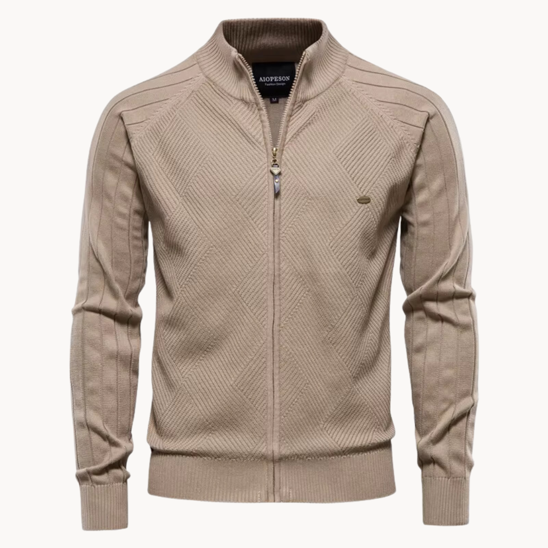 Men's slim-fit wool blend jacket with ribbed edges and zipper, casual urban style