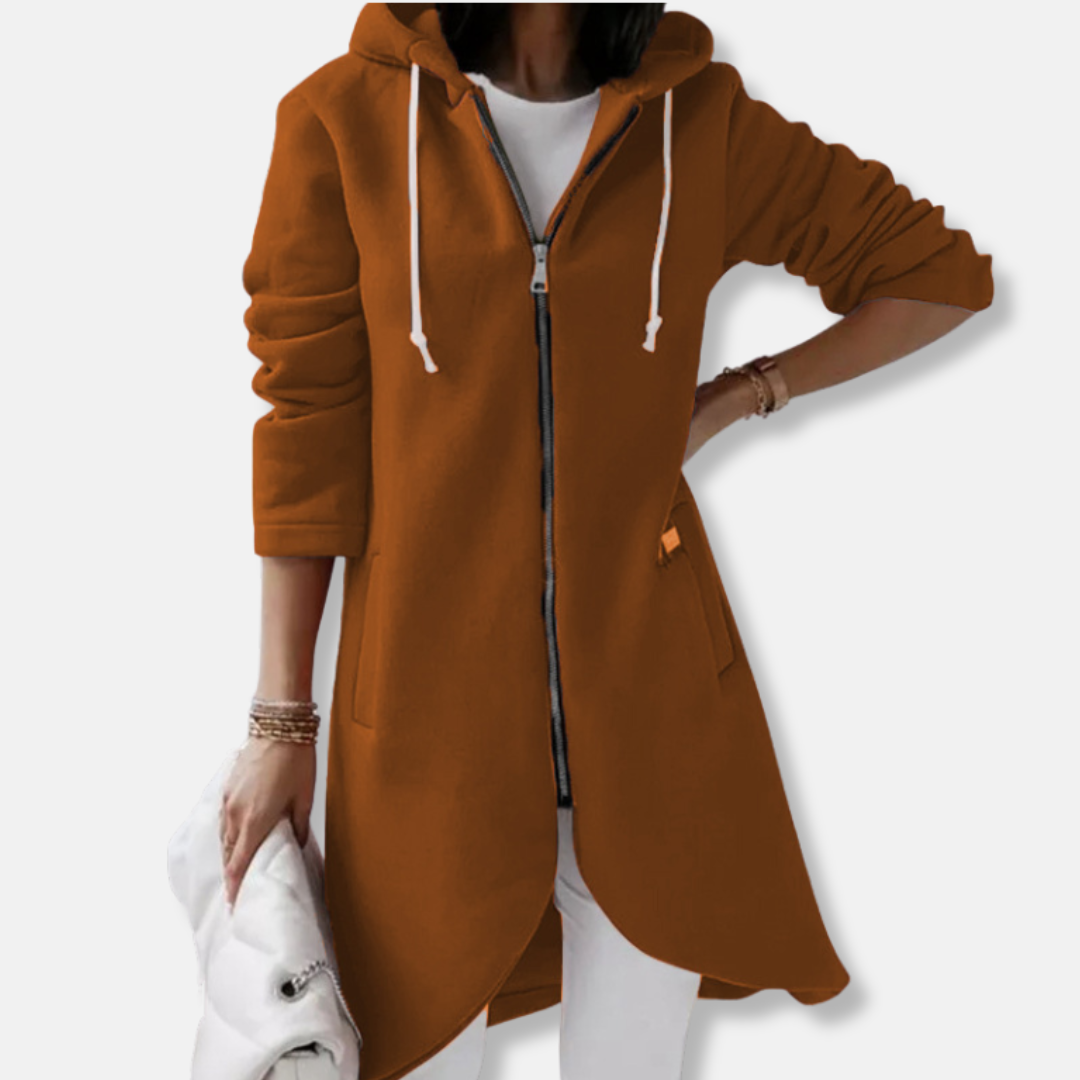 Women's relaxed fit mid-length sweatshirt jacket with drawstring hood and front zipper closure