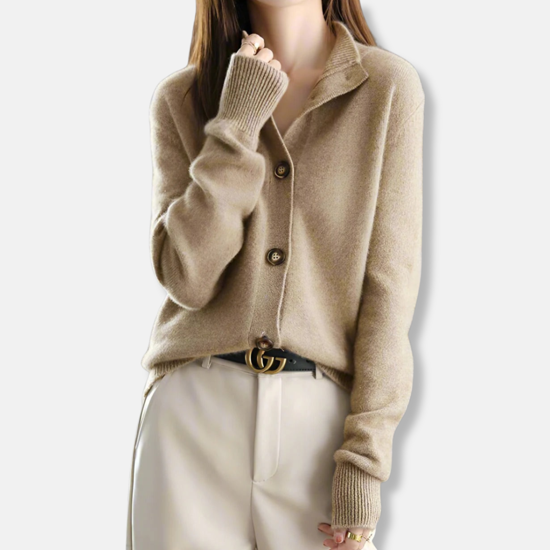 Women's relaxed fit knit cardigan with mock collar and front button closure for everyday style