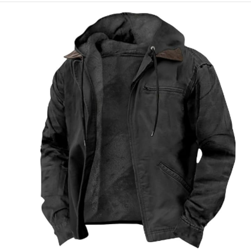 Men's casual hooded zip-up jacket with drawstring hood and front pockets, relaxed everyday layer