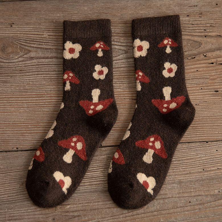 Women's crew socks white mushroom floral pattern cozy winter knit whimsical comfort fit