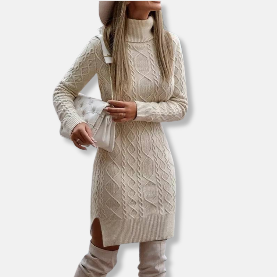 Charcoal wool-blend knit mini dress with turtleneck, long sleeves, slim fit, and side slit