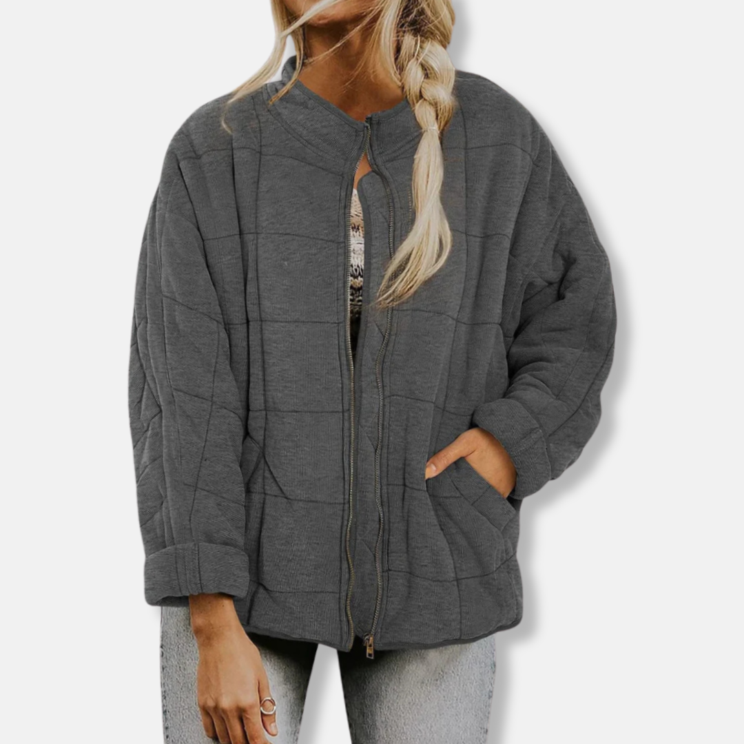 Women's oversized quilted coat relaxed fit stand collar full zip hip length warm winter jacket