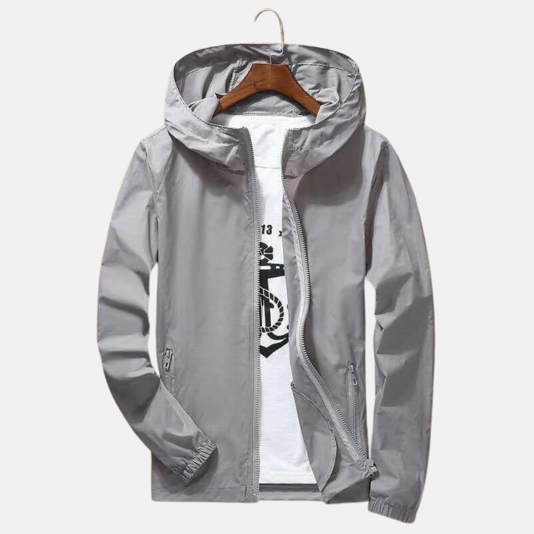 Men's navy hooded windbreaker full-zip casual hip-length jacket with elastic hem and pockets