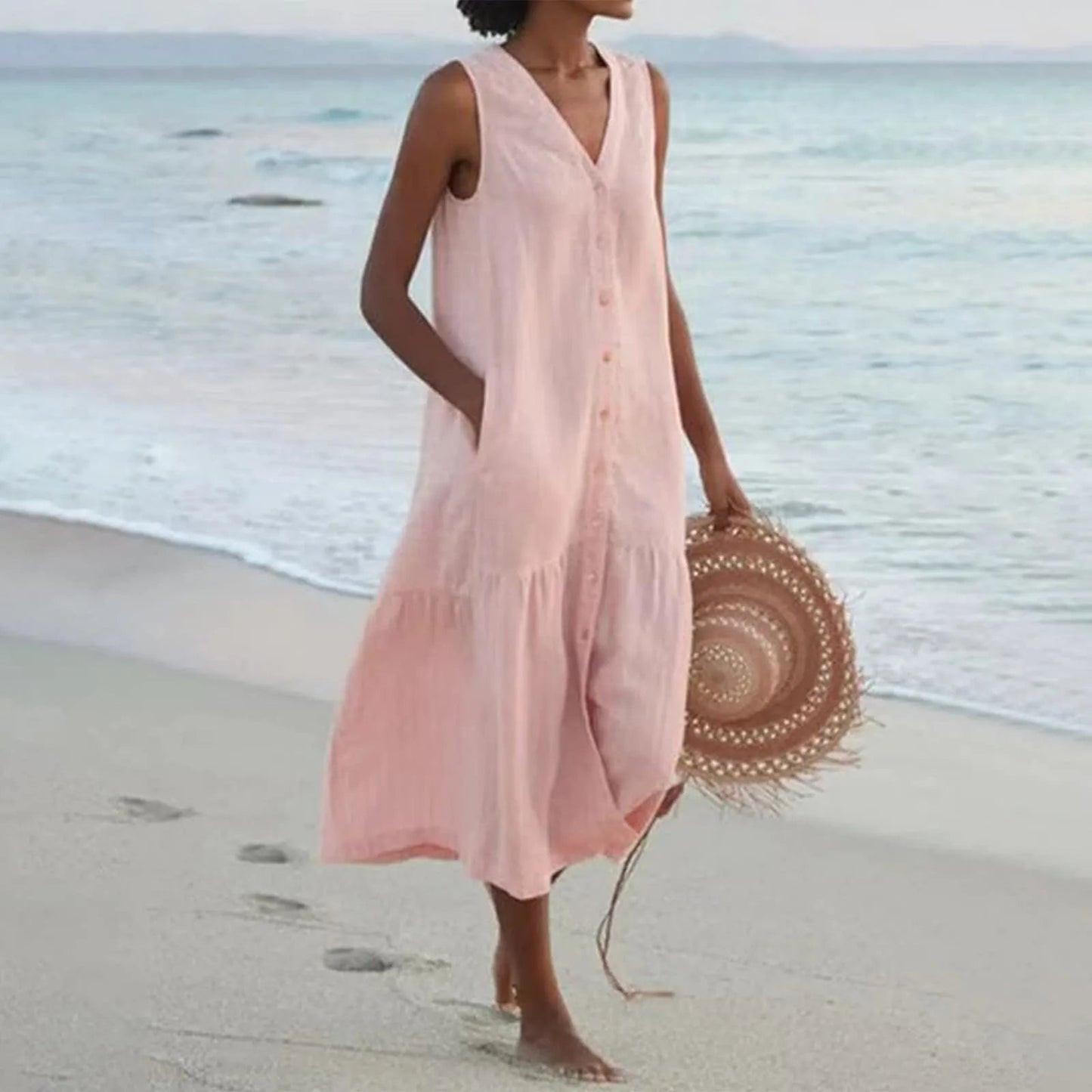 Women's elegant linen dress V-neck breathable silhouette versatile spring summer all-occasion style