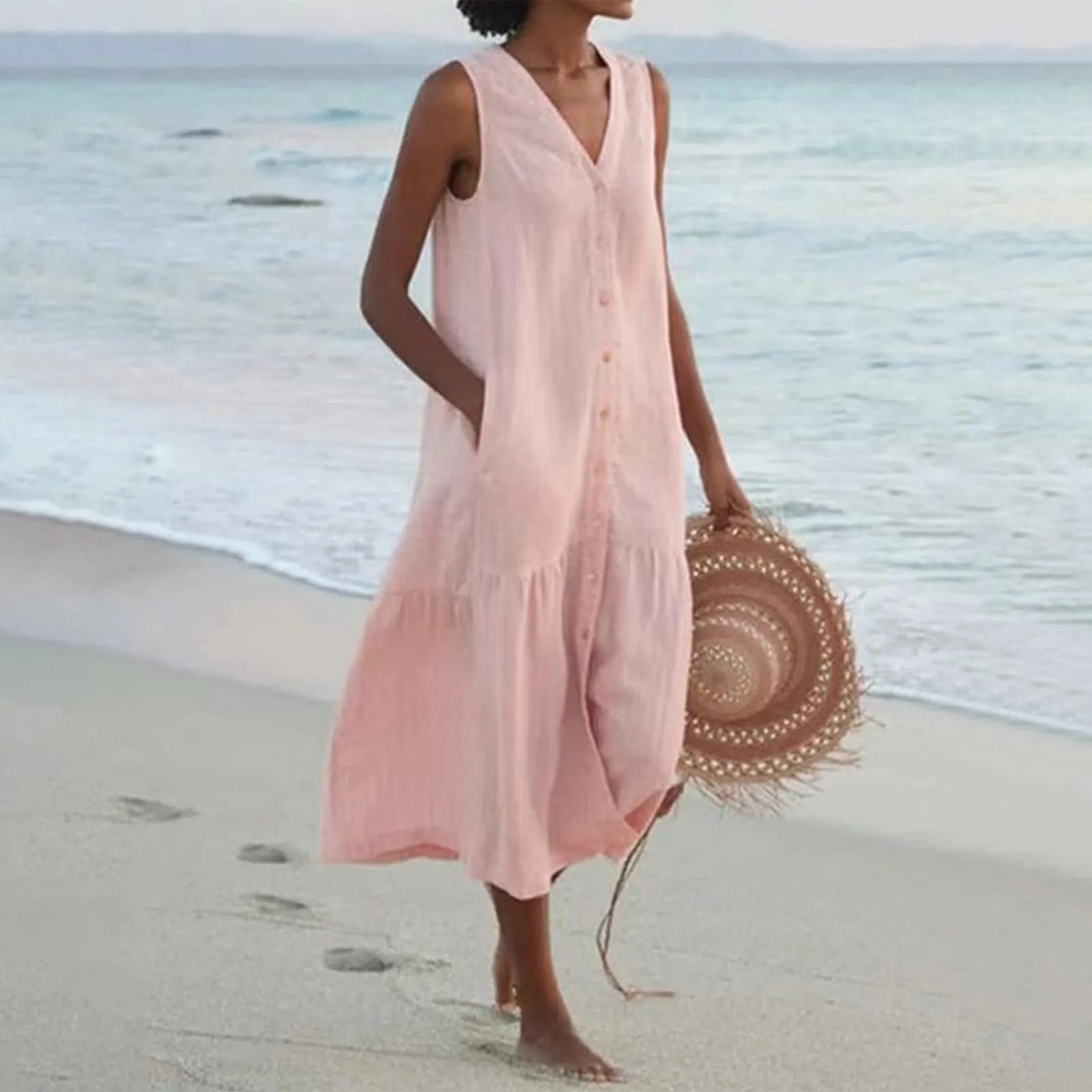 Women's elegant linen dress V-neck breathable silhouette versatile spring summer all-occasion style