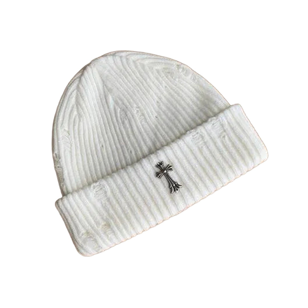 Black ribbed knit beanie with distressed finish and bold metal iron cross emblem for streetwear