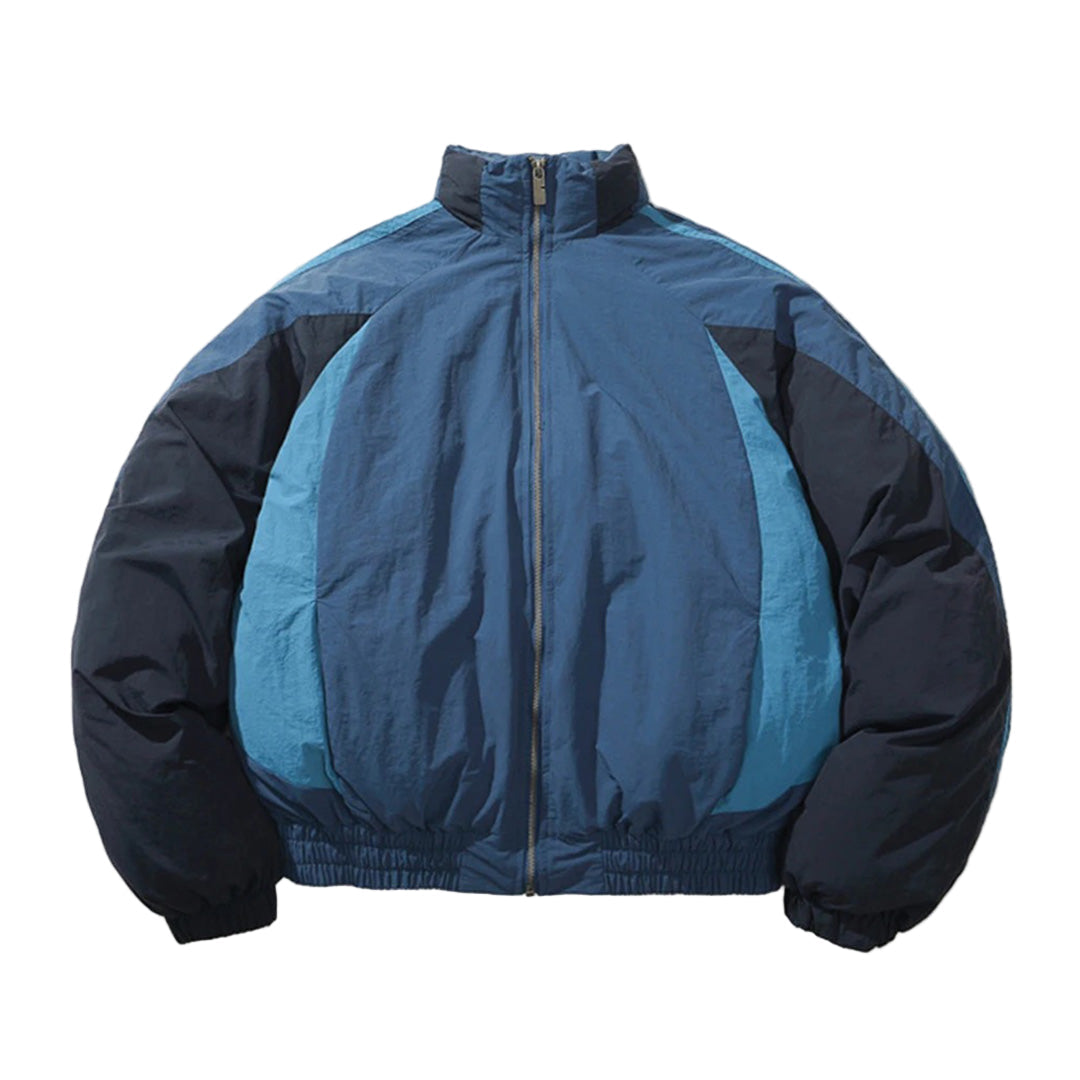 Colorblocked nylon jacket with detachable hood, curved panels, elastic cuffs, urban streetwear silhouette
