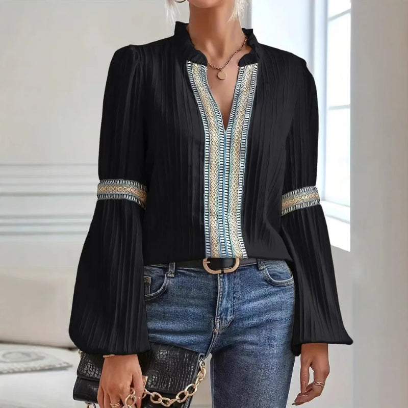 White professional women's blouse pleated woven texture fluted sleeves hand-finished lacework breathable blend