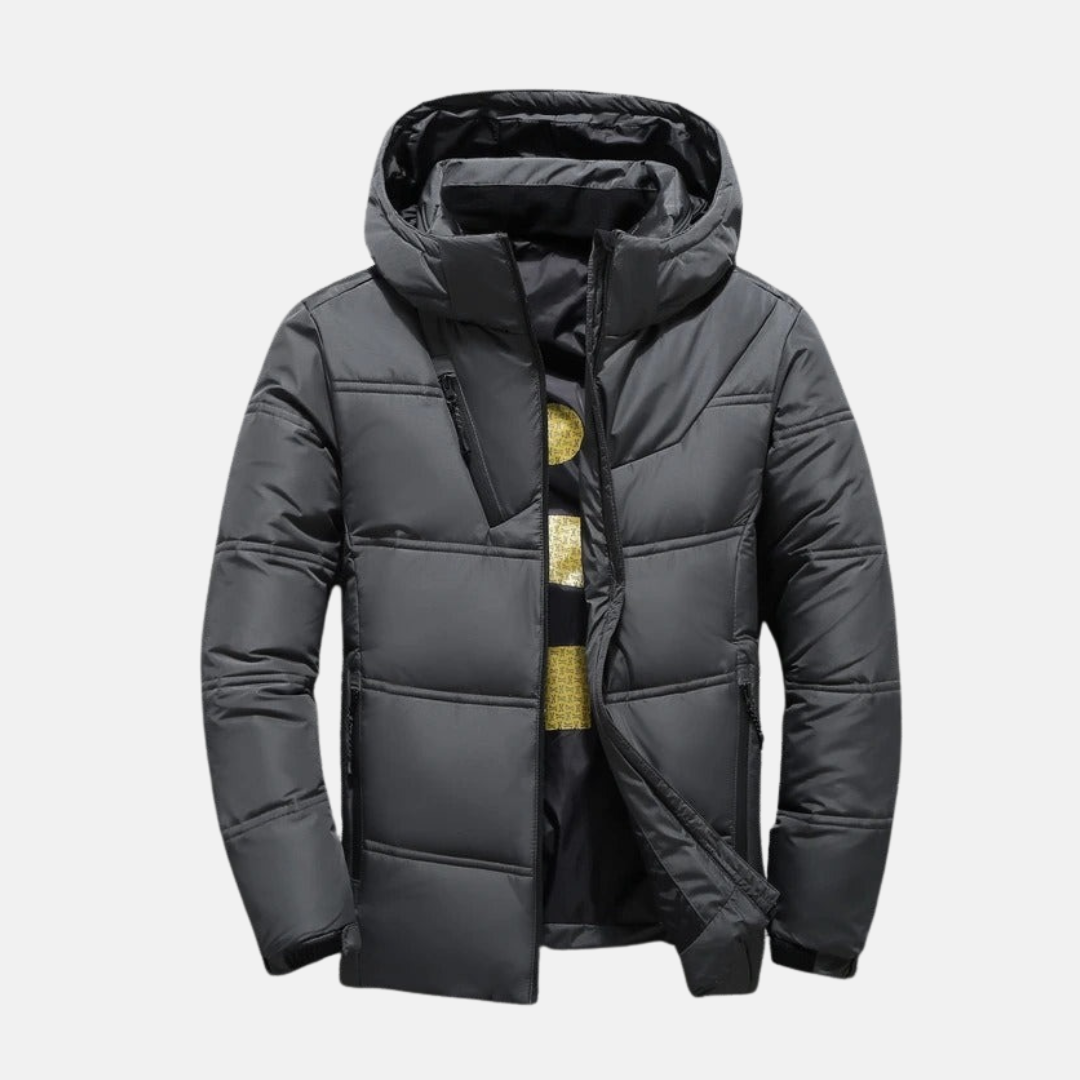 Men's black quilted hooded puffer jacket hip-length casual coat with zipper pockets