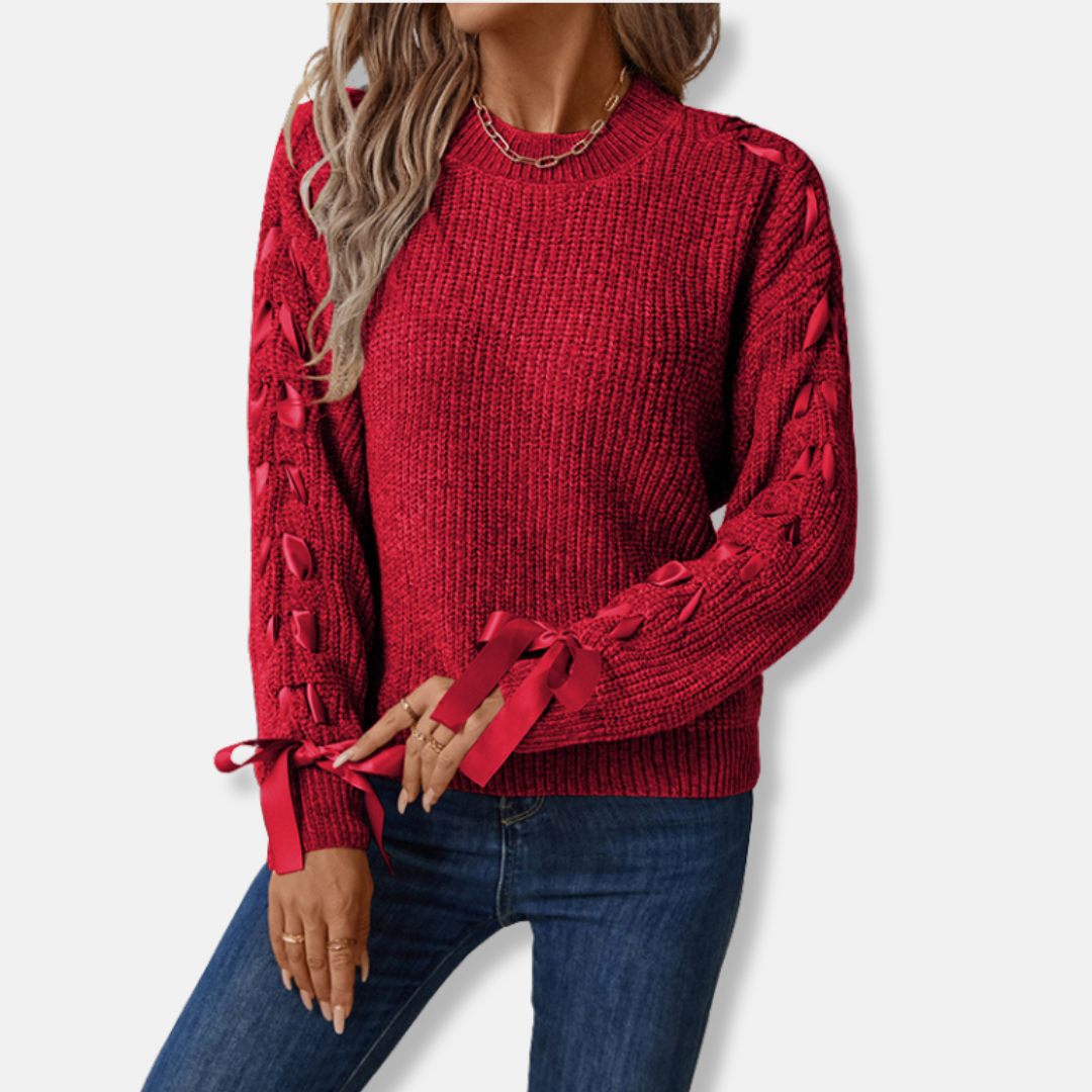 Women's relaxed fit crew neck pullover sweater soft knit with lace-up sleeve detail
