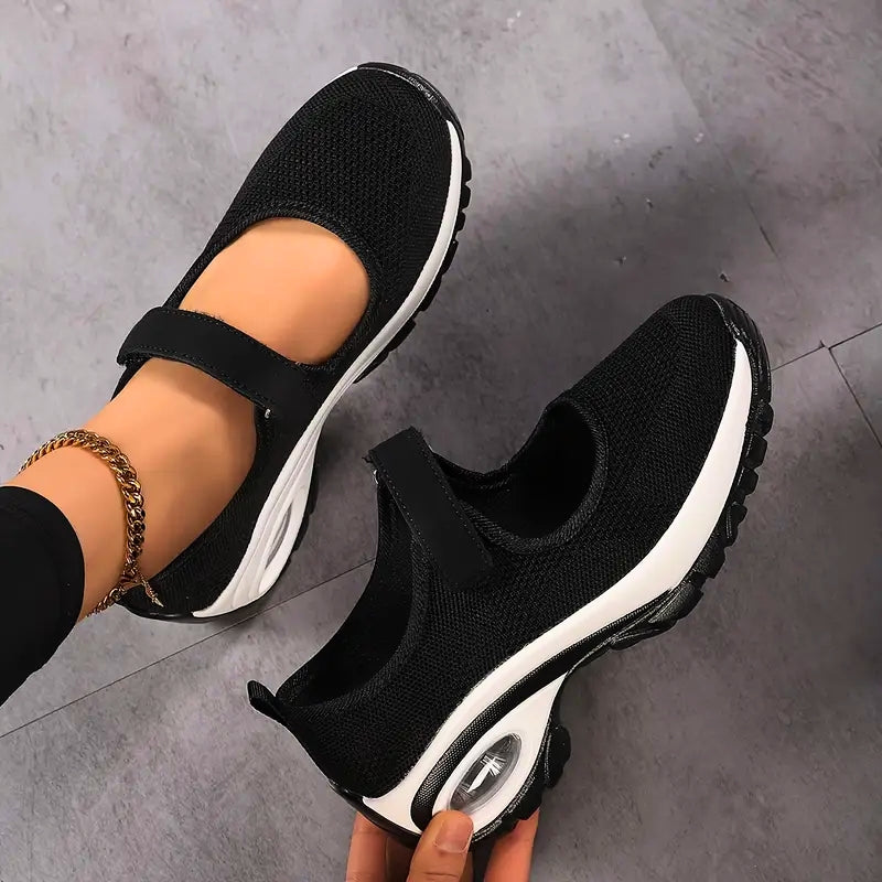 Women's white Mary Jane orthopedic sneakers with air cushion sole and supportive strap closure
