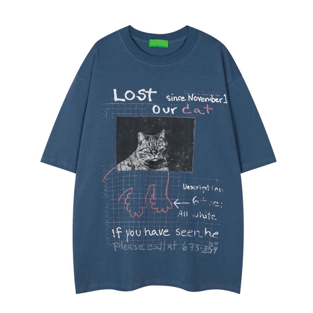Oversized cotton graphic tee with retro lost pet poster print, garment-dyed finish, zine-inspired downtown style