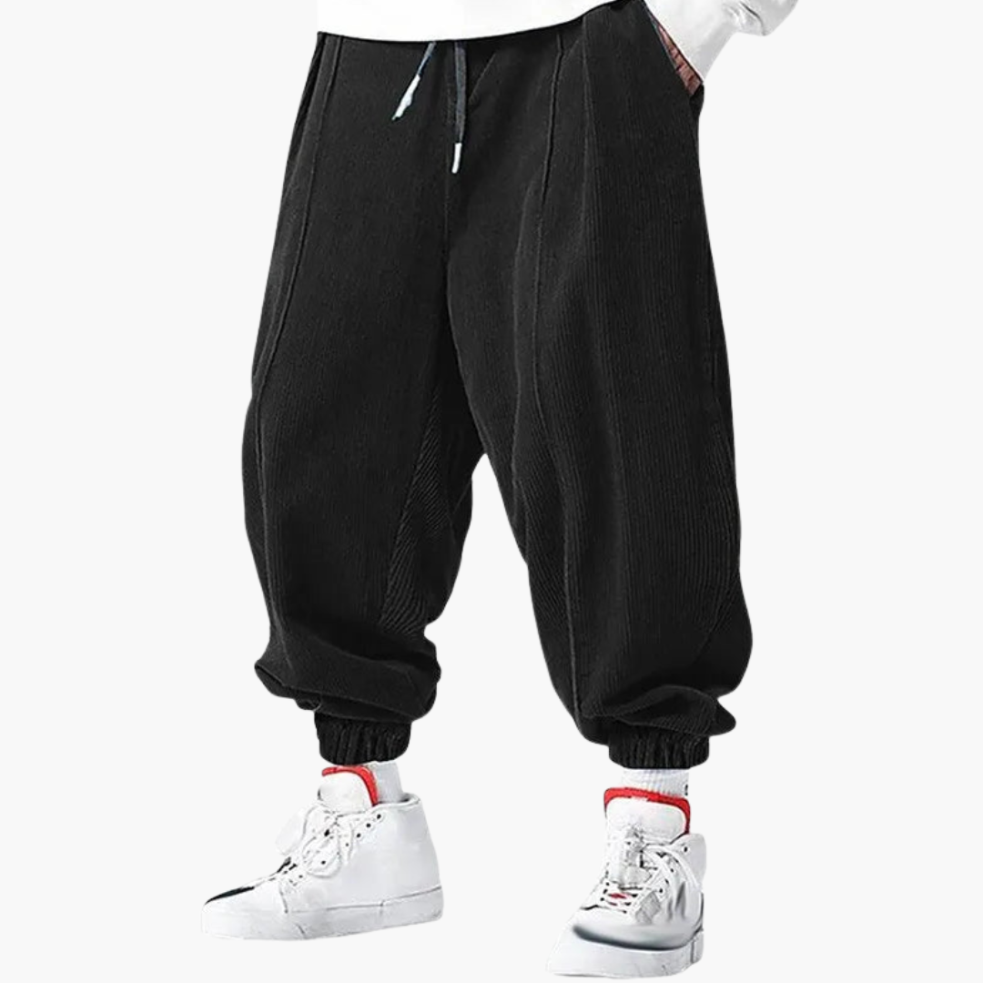 Men's brown corduroy straight-leg pants with elastic drawstring waistband and cuffed hem