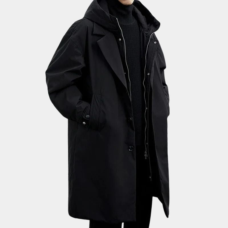 Men's beige longline trench coat windproof urban silhouette with structured collar for autumn winter