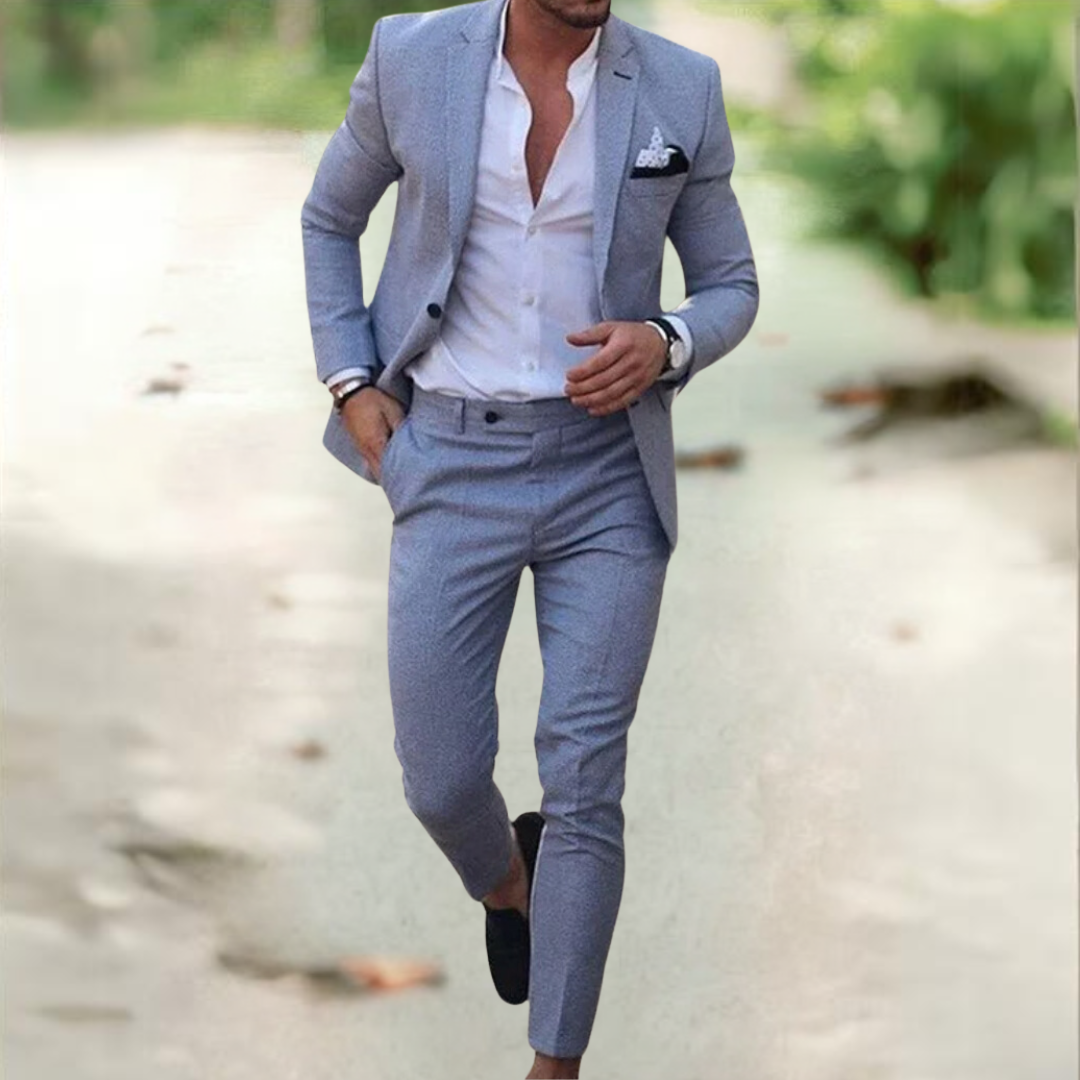 Men's slim fit two-piece suit tailored silhouette sharp modern formal wear professional cut