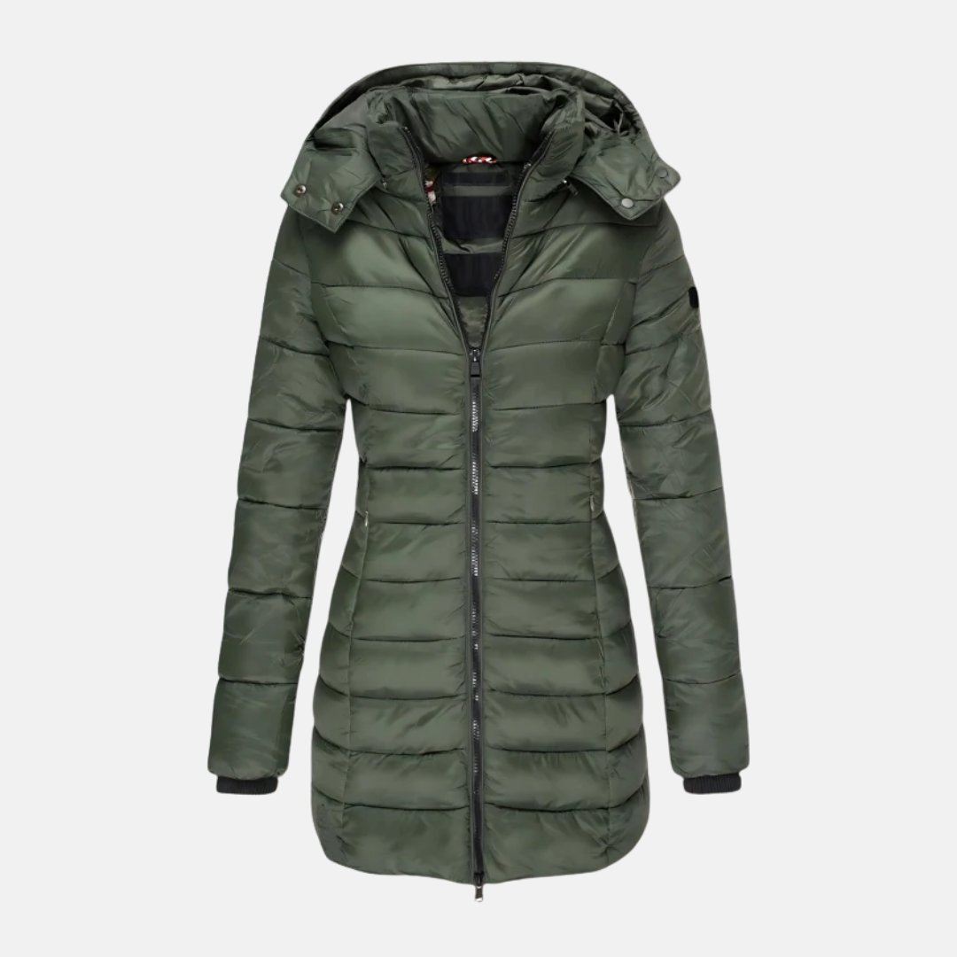 Women's slim-fit mid-length black puffer coat with integrated hood and ribbed cuffs