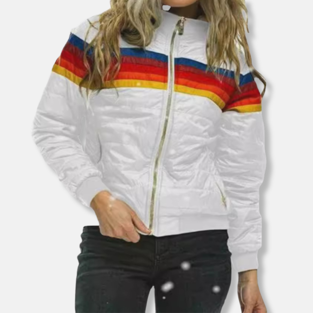 Women's quilted nylon puffer jacket hooded hip-length with high collar in classic winter style