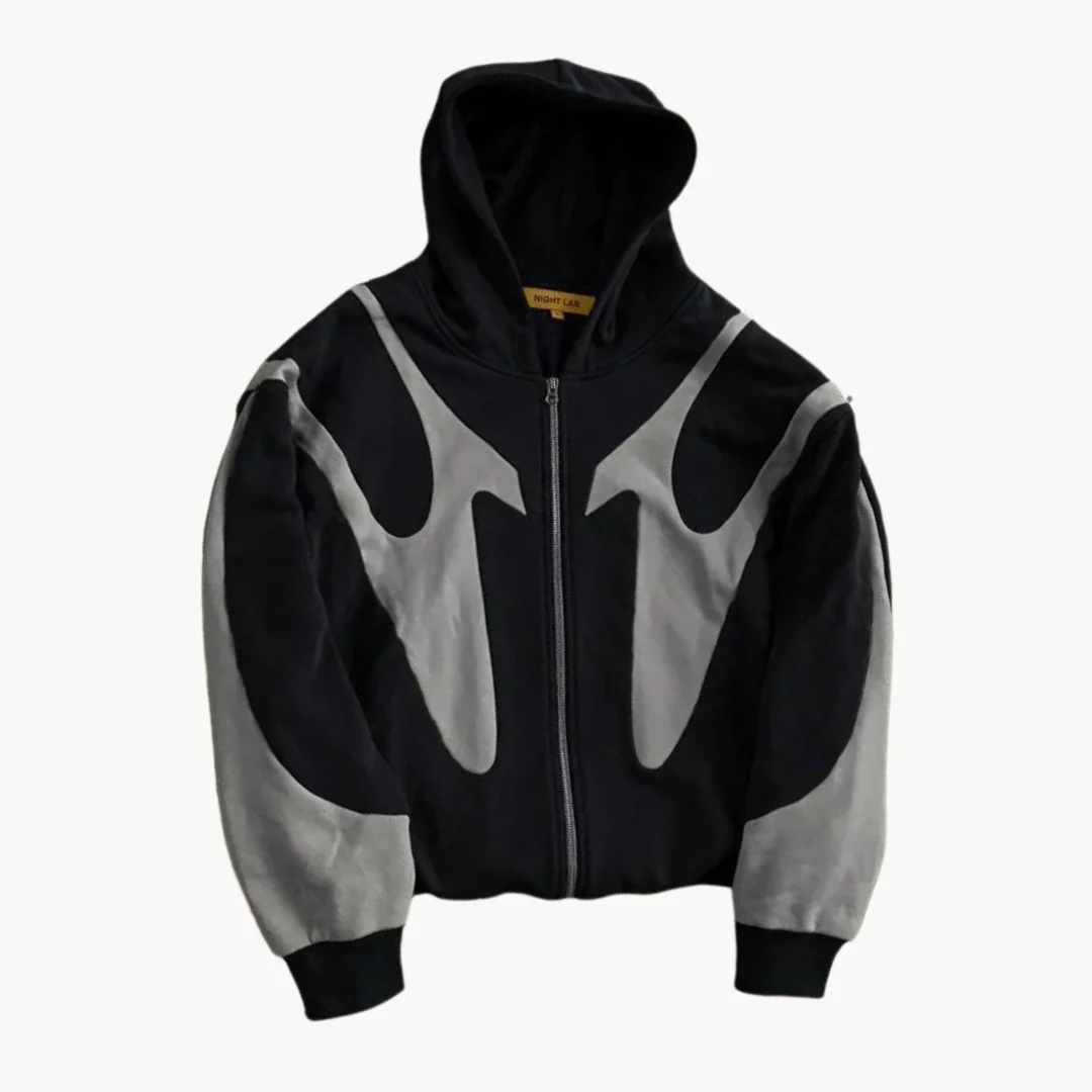 Men's relaxed fit zip hoodie in neutral tone with drop-shoulder cut and modern graphic detail
