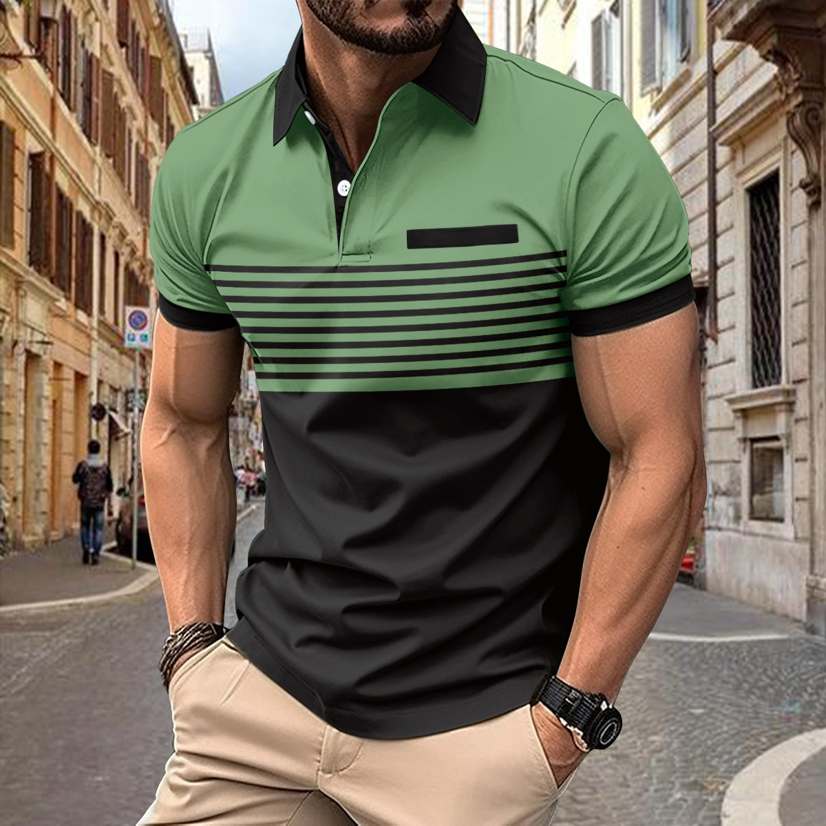 Men's classic fit polo shirt breathable striped fabric button placket everyday casual wear