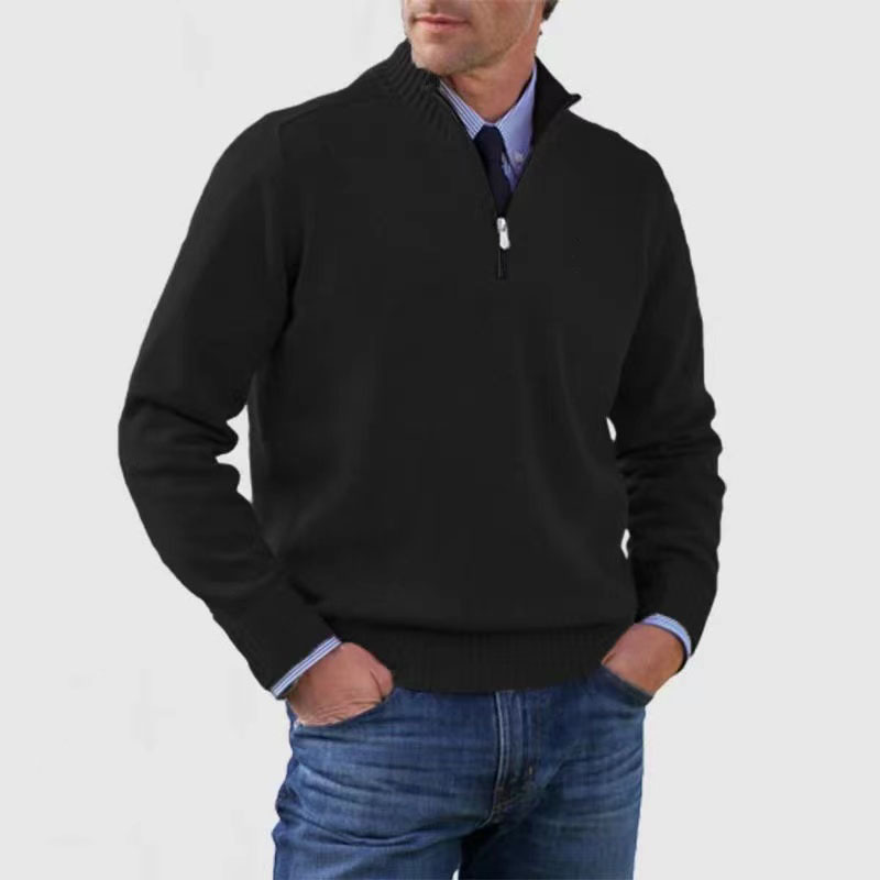 Men's gray knitted quarter-zip pullover with stand-up collar, slim layering fit