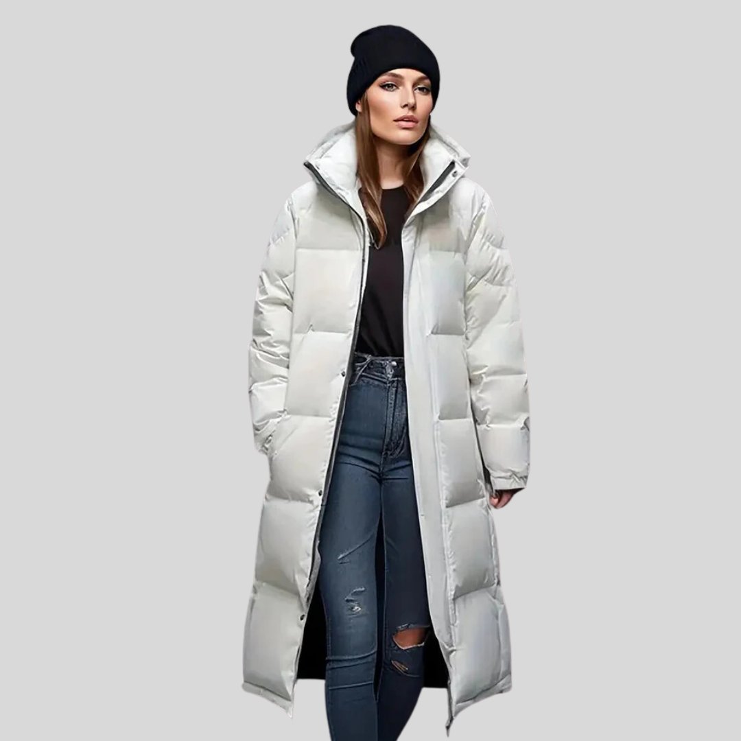 Women's long quilted puffer coat hooded full-length black sleek silhouette cold weather